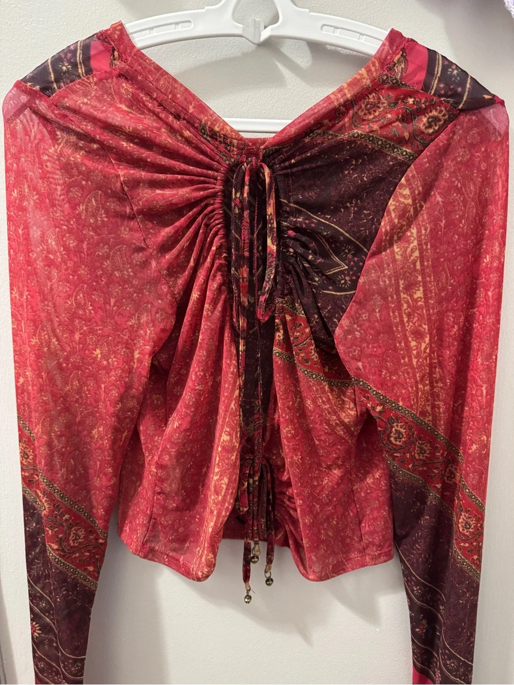 Free People Simply Red Lace Up Mesh Top - XS